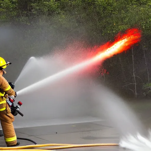 Prompt: Firefighters shooting firehose shaped flamethrower on to a building