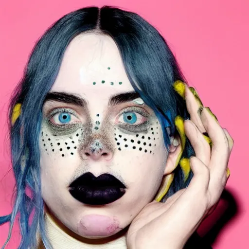 Prompt: billie eilish having Trypophobia on her face, face full of holes