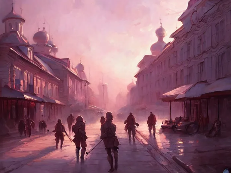 Image similar to city of syzran!!!, militaristic!!!, romantic!!!, hyperrealistic, highly detailed, cinematic, pink sunlight!, beautiful, cgssociety, artstation, 8 k, oil painting by greg rutkowski, by artgerm, by wlop