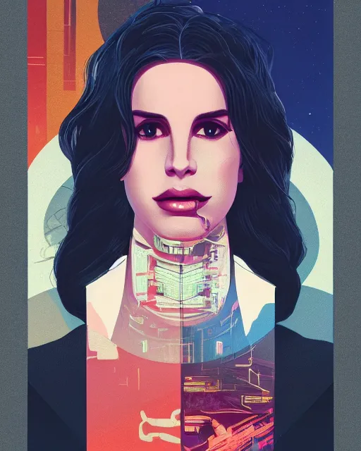 Image similar to portrait of Lana Del Rey as a cyborg. intricate abstract. intricate artwork. by Tooth Wu, wlop, beeple, dan mumford. cyberpunk stepford wife, mulholland drive by david lynch, dune by david lynch, blade runner 2049 by dennis villeneuve, sacred geometry, octane render, trending on artstation, greg rutkowski very coherent symmetrical artwork. cinematic, hyper realism, high detail, octane render, 8k, iridescent accents