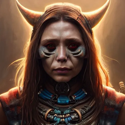 Image similar to portrait painting of a cyberpunk orc shaman extremely muscular ugly elizabeth olsen, ultra realistic, concept art, intricate details, eerie, highly detailed, photorealistic, octane render, 8 k, unreal engine. art by artgerm and greg rutkowski and charlie bowater and magali villeneuve and alphonse mucha