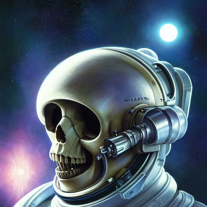 Prompt: ultra realistic retro futuristic astronaut skull helmet, deep space, lens flare, diffuse lighting, fantasy, intricate, elegant, highly detailed, lifelike, photorealistic, digital painting, artstation, illustration, concept art, smooth, sharp focus, art by John Collier and Albert Aublet and Krenz Cushart and Artem Demura and Alphonse Mucha