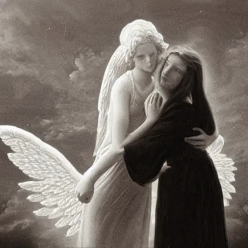 Prompt: photo of beautiful angel comforting a woman