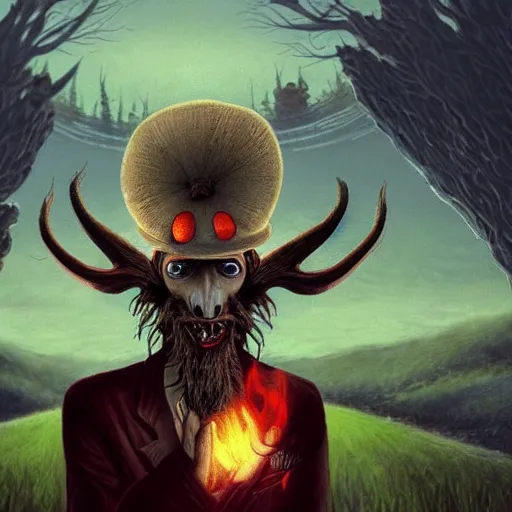 Image similar to 4 k headshot portrait of a psychedelic demonic anthropomorphic wendigo smoking a hand - rolled cigarette smoking heavily, magic mushroom village in background. award winning. superb resolution. in the art style of junji ito and greg rutkowski. detailed mushroom city in background. hyper realistic anime. perfect art. dalle 2