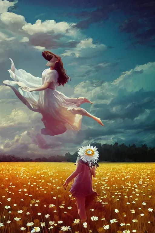 Image similar to giant white daisies flower as head, girl dancing in a flower field, surreal photography, sunrise, dramatic light, impressionist painting, colorful clouds, digital painting, artstation, simon stalenhag