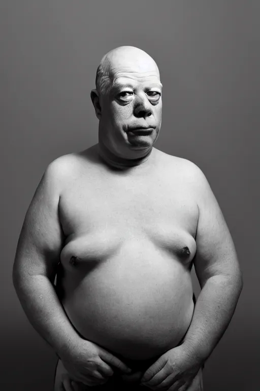 Image similar to studio portrait of man that looks excactly like homer simpson, lookalike, as if homer simpson came to life, soft light, black background, fine skin details, close shot, award winning photo by cindy sherman