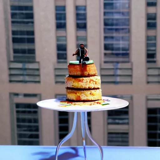 Prompt: miniature human standing next to a skyscraper made of delicious cake on a plate