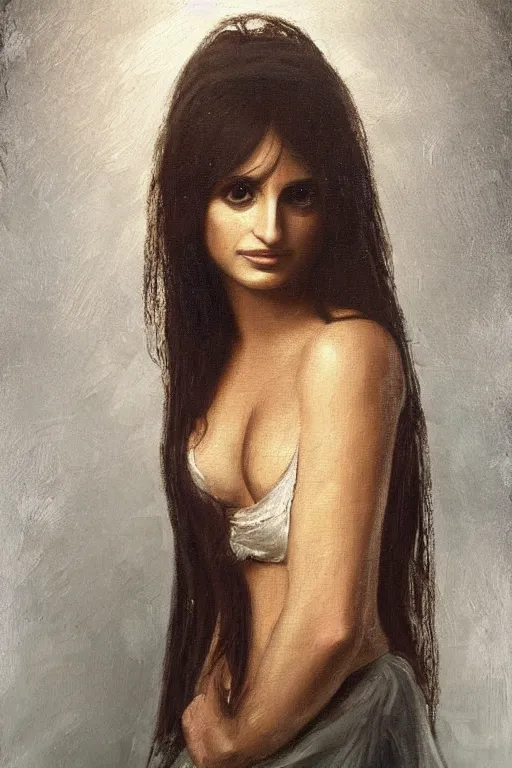 Image similar to oil painting, portrait of penelope cruz, artwork by leonardo da vinci