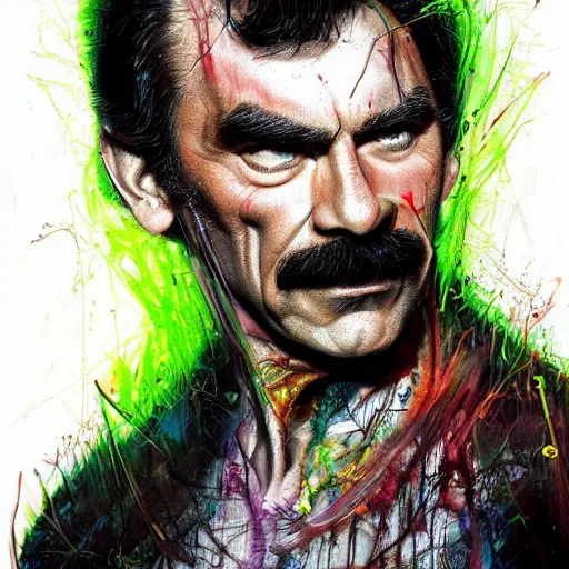 Image similar to a demon slayer portrait of tom selleck, tall, pale - skinned, slender with lime green eyes and long eyelashes by stanley artgerm, tom bagshaw, arthur adams, carne griffiths, trending on deviant art, street art, face enhance, chillwave, maximalist, full of color, glittering