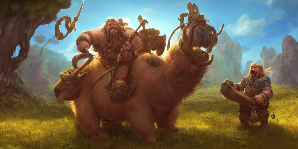 Prompt: Dwarf Riding a giant capybara carrying trinkets, camera underneath, art by World of Warcraft Art Direction, art station, concept art,