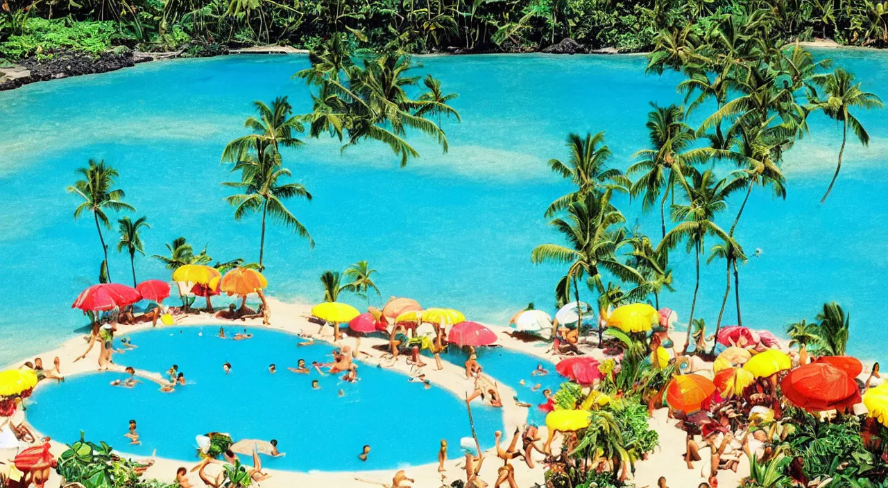 Image similar to a beautiful day at a Hawaiian pool,colorised,photograph