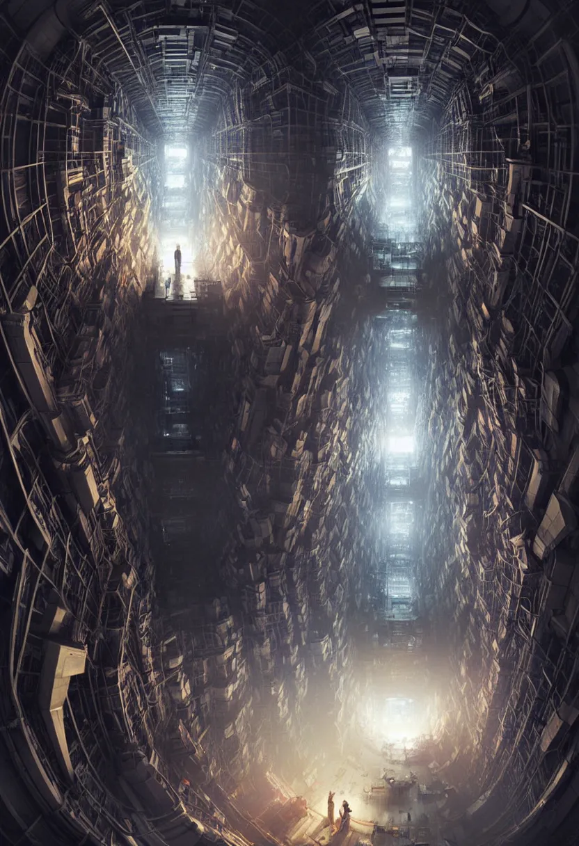 Image similar to man trapped inside cern large hadron collider, pulled apart, ultra high definition, ultra detailed, matte painting, by greg rutkowski and ross tran and wlop