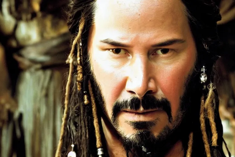 Image similar to promotional image of Keanu Reeves as a pirate in Pirates of the Caribbean: The Curse of the Black Pearl (2003 film), detailed face, movie still, promotional image, imax 70 mm footage