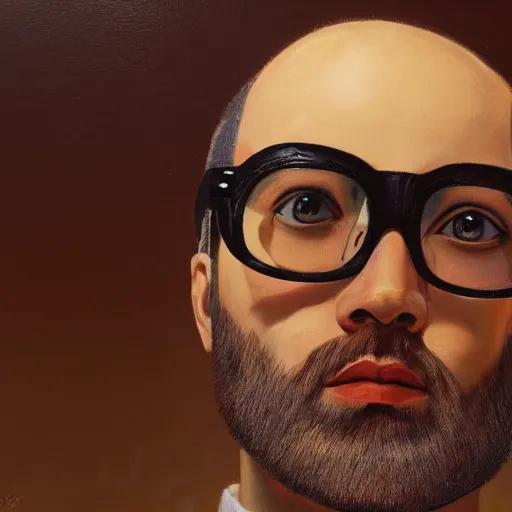 Prompt: oil painting, portrait of a young bald bearded man wearing glasses, highly detailed, trending on artstation