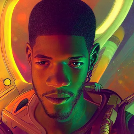 Prompt: scifi character portrait of Kid Cudi piloting a spaceship, light leak, rainbow spectrum, intricate, wild, highly detailed, digital painting, artstation, concept art, smooth, sharp focus, illustration, art by artgerm and greg rutkowski and alphonse mucha