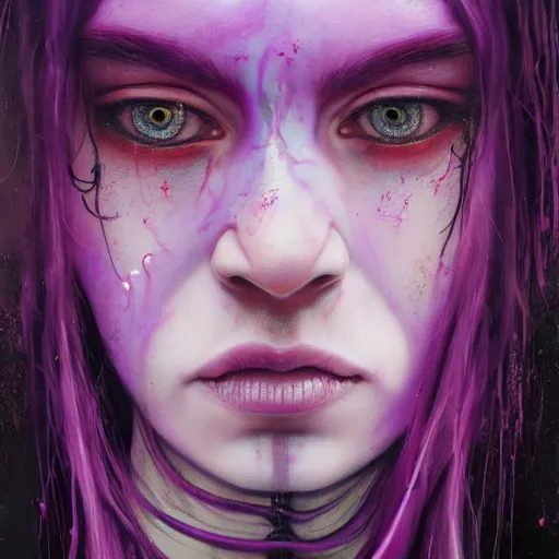 Image similar to detailed photo portrait of a furious teen girl with thin, hair-like purple tentacles on her head and bright purple eyes, 8k,by tristan eaton, Stanley Artgermm,Tom Bagshaw,Greg Rutkowski,Carne Griffiths,trending on DeviantArt, face enhance,hyper detailed ,full of colour, dramatic lightning