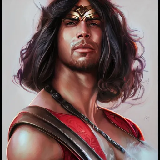 Image similar to portrait of thundarr the barbarian, d & d, muscular! athetic slim bodybuilder, red and black, futuristic, fantasy, intricate, elegant, highly detailed, digital painting, artstation, concept art, smooth, sharp focus, illustration, art by artgerm and greg rutkowski and alphonse mucha