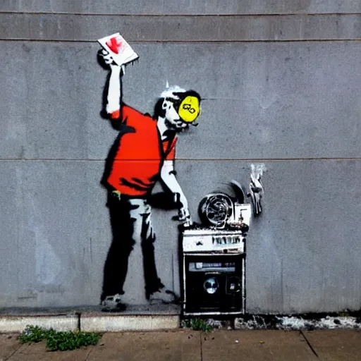 Prompt: a banksy street art depicting a disc jockey using a turntable, artstation, highly detailed