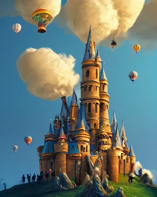 Image similar to flying cloud castle, buildings, baloons, atmosphere, glow, detailed, full of colour, cinematic lighting, trending on artstation, 4 k, hyperrealistic, extreme details, bright, blue sky, mountains, fantasy, masterpiece, art by wylie beckert