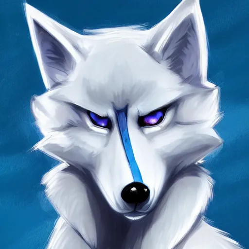 Prompt: furry ( fandom ) art of a cute anthropomorphic white wolf with blue accents and blue eyes, digital art, painting, trending on furaffinity, stylised, adorable