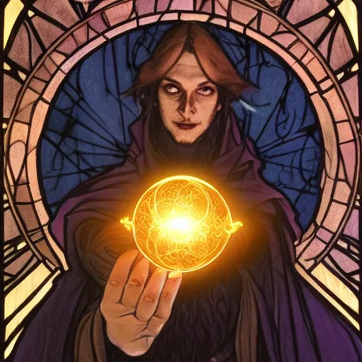 Image similar to a warlock is casting a magic spell, with magic orb floating in his hand , dynamic pose, natural lighting, medium level shot, Mucha style , Grim fantasy, illustration ,concept art,