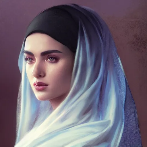 Image similar to a Photorealistic dramatic hyperrealistic render of an arab ameera al taweel, blue eyes, black hair, white veil,by WLOP,Artgerm,Greg Rutkowski,Alphonse Mucha, Beautiful dynamic dramatic dark moody lighting,shadows,cinematic atmosphere,Artstation,concept design art,Octane render,8K