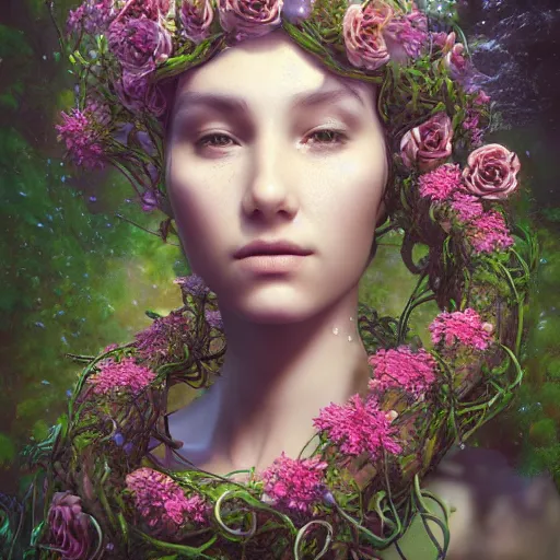 Prompt: ultra realistic 3 d render of a nature goddess made of vines and flowers rising out of the water by charlie bowater, beautiful, bioluminescent, ethereal, mist