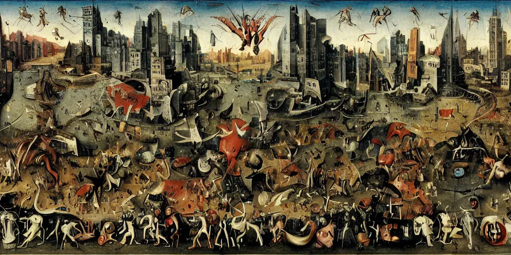 Image similar to The final battle between the Avengers and the Chitauri in New York by Hieronymus Bosch