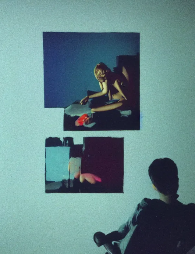Prompt: boy in dark room sitting on a chair infront of tv, glitch, wide shot, coloured polaroid photograph, pastel, kodak film, hyper real, stunning moody cinematography, by maripol, fallen angels by wong kar - wai, style of suspiria and neon demon, david hockney, detailed, oil on canvas