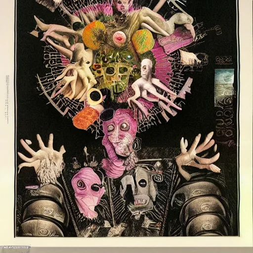 Image similar to post - punk new age album cover, white fabric banner on the top, asymmetrical design, dollar bank notes, capitalism, magic, apocalypse, psychedelic, black white pink, magic, giger h. r., giuseppe arcimboldo