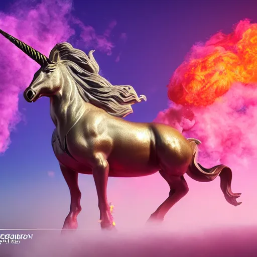 Image similar to a statue of a ramping unicorn sourrounding by a colorful smoke, victorian baroque, hyperrealistic, detailed, depth of field, High definition, 8k, depth of field, octane render, artstation