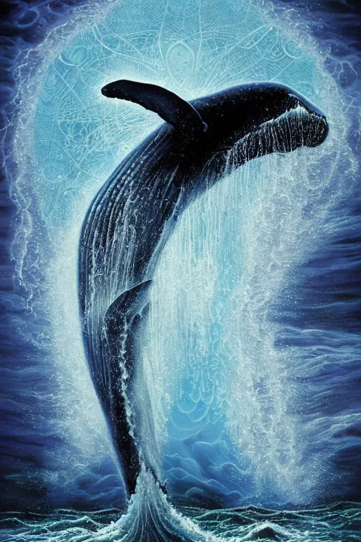 Prompt: humpback whale jumping out of water painting Centered, uncut, unzoom, symmetry. charachter illustration. Dmt entity manifestation. Surreal render, ultra realistic, zenith view. Made by hakan hisim feat cameron gray and alex grey. Polished. Inspired by patricio clarey, heidi taillefer scifi painter glenn brown. Slightly Decorated with Sacred geometry and fractals. Extremely ornated. artstation, cgsociety, unreal engine, ray tracing, detailed illustration, hd, 4k, digital art, overdetailed art. Intricate omnious visionary concept art, shamanic arts ayahuasca trip illustration. Extremely psychedelic. Dslr, tiltshift, dof. 64megapixel. complementing colors. Remixed by lyzergium.art feat binx.ly and machine.delusions. zerg aesthetics. Trending on artstation, deviantart