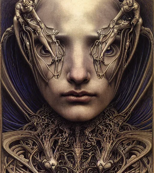 Image similar to detailed realistic beautiful young medieval alien robot grimez face portrait by jean delville, gustave dore and marco mazzoni, art nouveau, symbolist, visionary, gothic, pre - raphaelite. horizontal symmetry by zdzisław beksinski, iris van herpen, raymond swanland and alphonse mucha. highly detailed, hyper - real, beautiful