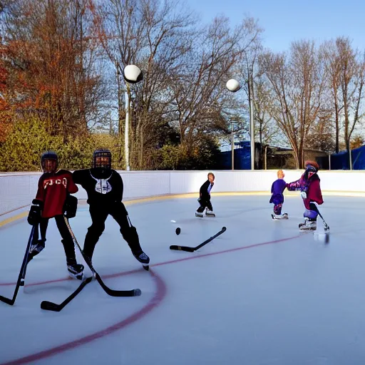 Prompt: a group of kids playing hockey in an outdoor rink