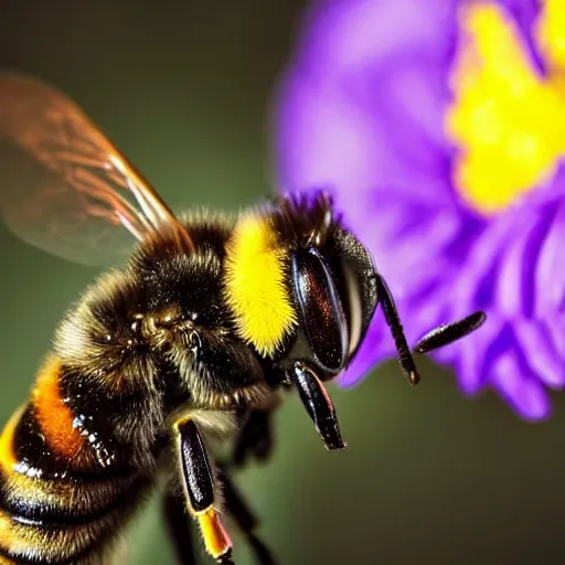 Prompt: close up shot of a honey bee wearing a top hat in front of a yellow circle