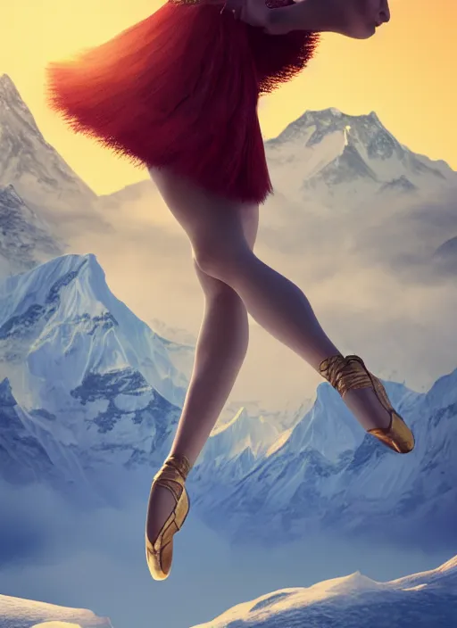 Image similar to stunningly beautiful, asian prima ballerina on mt everest, golden hour, smooth, focus, highly detailed, hyper realistic, dramatic lighting, elegant, intricate, concept art, art by wlop, mars ravelo, greg rutowski