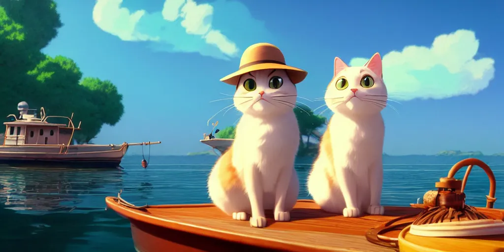 Image similar to a wholesome animation key shot of a cute cat on a fishing boat wearing a sunhat, studio ghibli, pixar and disney animation, sharp, rendered in unreal engine 5, anime key art by greg rutkowski, bloom, dramatic lighting