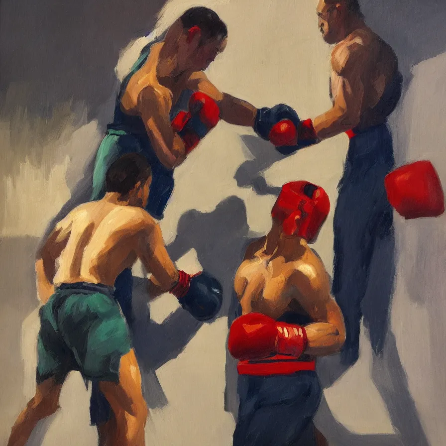 Image similar to a portrait of of boxing man, in the style of edward hopper, in the style of max ginsburg, realism, very small brushstrokes, cinematic lighting, moody, very aesthetic, boxing in an arena, big crowd in the back, flashing lights, blue light, 4 k,