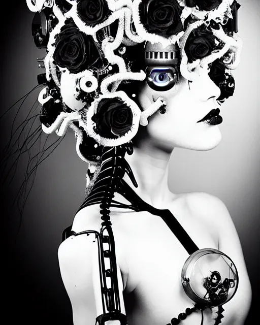 Image similar to dreamy surreal poetic black and white photo of a beautiful young bio-mechanical-female-jellyfish-cyborg-plastic-robot with a very long neck and a super big gothic lace collar and a very high big floral crown with many black dry roses by Vivienne Westwood:: smoke, high fashion, haute couture, rococo, avant-garde, elegant, dreamy, hyper realistic, 150 mm lens, soft rim light, octane render, unreal engine, picture was taken in 1910 by Dora Maar, volumetric lighting, dramatic light,8k,