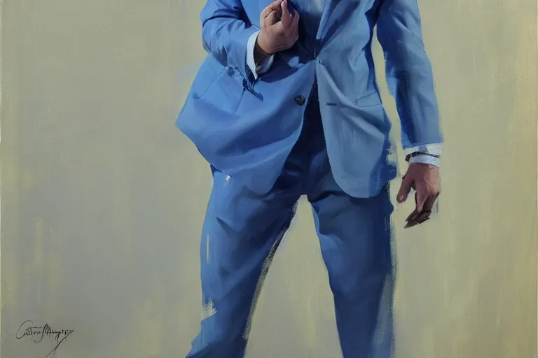 Image similar to greg manchess portrait of a blond man in a blue suit shock of being hurt, organic painting, sunny day, matte painting, bold shapes, hard edges, street art, trending on artstation, by huang guangjian, gil elvgren, ruan jia, randy vargas, greg rutkowski