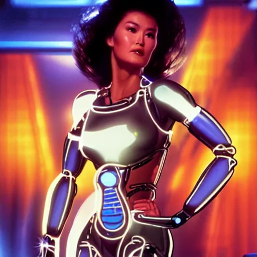 Prompt: a VHS still of a concept art with a photo of Tia Carrere as a solarpunk robotic humanoid with white mechanical parts with led lights, vaporwave artwork composition, in the movie Lifeforce (1985) 8k, intricate, VHS glitch