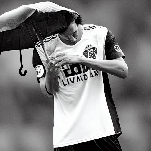 Prompt: Black and white photo, Zlatan Ibrahimovic holding a broken umbrella and crying in the rain, hyper realistic, good shading