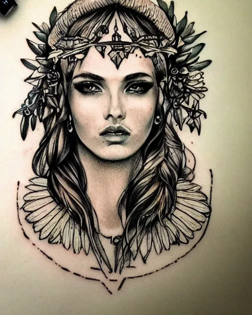 KREA - tattoo design sketch of hot blonde super model as aphrodite greek  goddess wearing a gold laurel wreath and triangle earrings, beautiful  piercing gaze with sharp pupils, in the style of