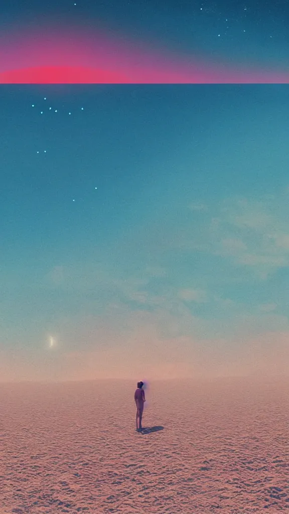 Image similar to beautiful beach horizon view of the ocean on an alien planet, vaporwave ocean, planet in space over the horizon, trending on artstation, digital art by beeple