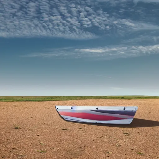 Prompt: realistic photo of boat on flat triangle mirrors lying flat on the ground stretching to the horizon