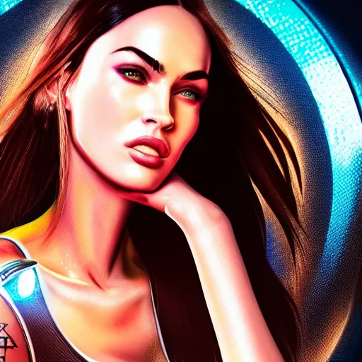 Prompt: Megan Fox portrait, ultra photorealistic, Cyberpunk 2077, neon, octane, bokeh, 8k