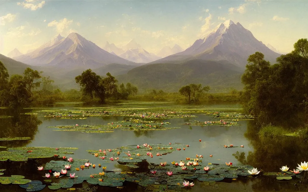 Prompt: alpine pond with water lilies, a single blooming gigantic lotus flower, and white herds in the background, under hazy towering mountains. landscape painting by Albert Bierstadt and Frederic Edwin Church. Hudson river school monumental landscape painting, extremely detailed, view from above, fish-eye lens, wikimedia commons full resolution painting