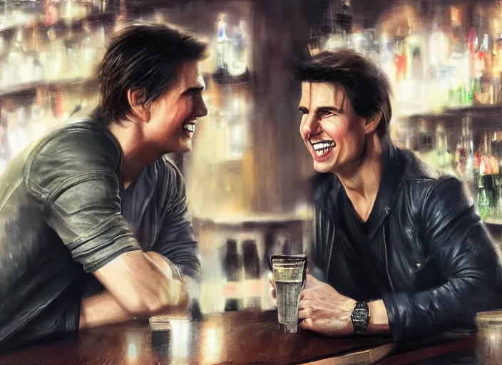 Image similar to hyper realistic tom cruise hanging out with tom cruise at a bar, by greg rutkowski, 4 k, 8 k, masterpiece