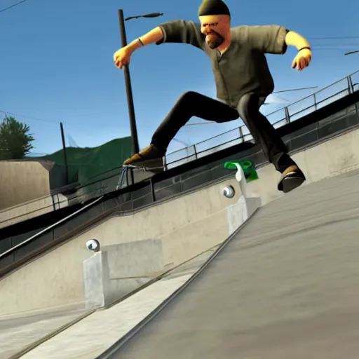 Image similar to Walter White skateboarding in Skate 2, ps3 screenshot, xbox 360 screenshot, 4k, realistic face, insanely detailed