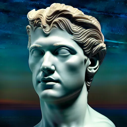 Image similar to 3 d sci - fi cgartist rendering of a hyper realistic marble greek statuary bust floating at the vast pulsating interdimensional fractal space portal at the psychedelic vaporwave event horizon directed by col price, trending on artstation